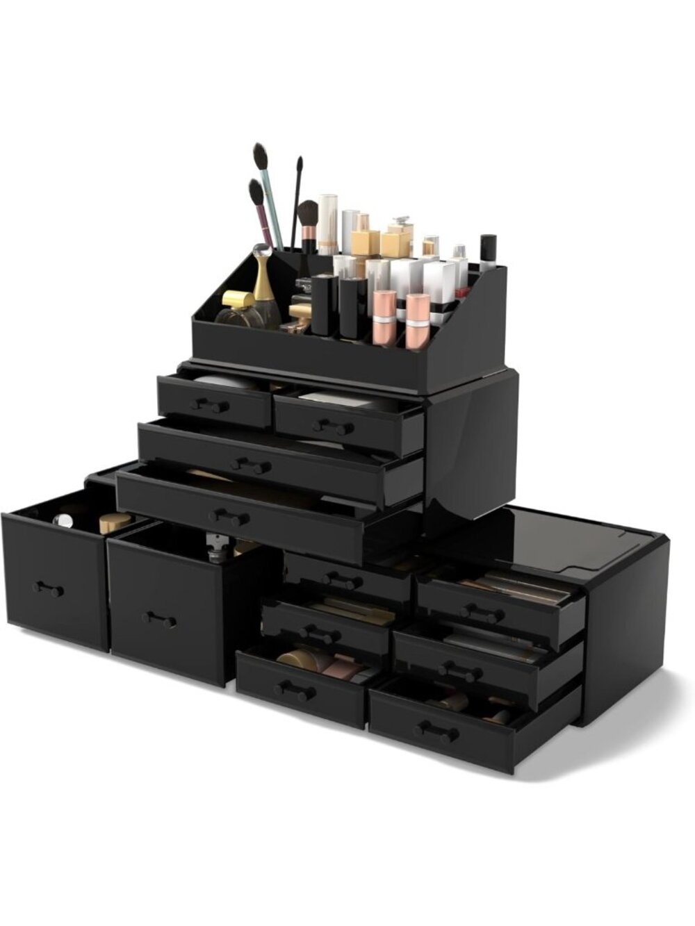 Stylish Makeup Organizer with 12 Drawers - Cosmetic Storage Display Case (Black)